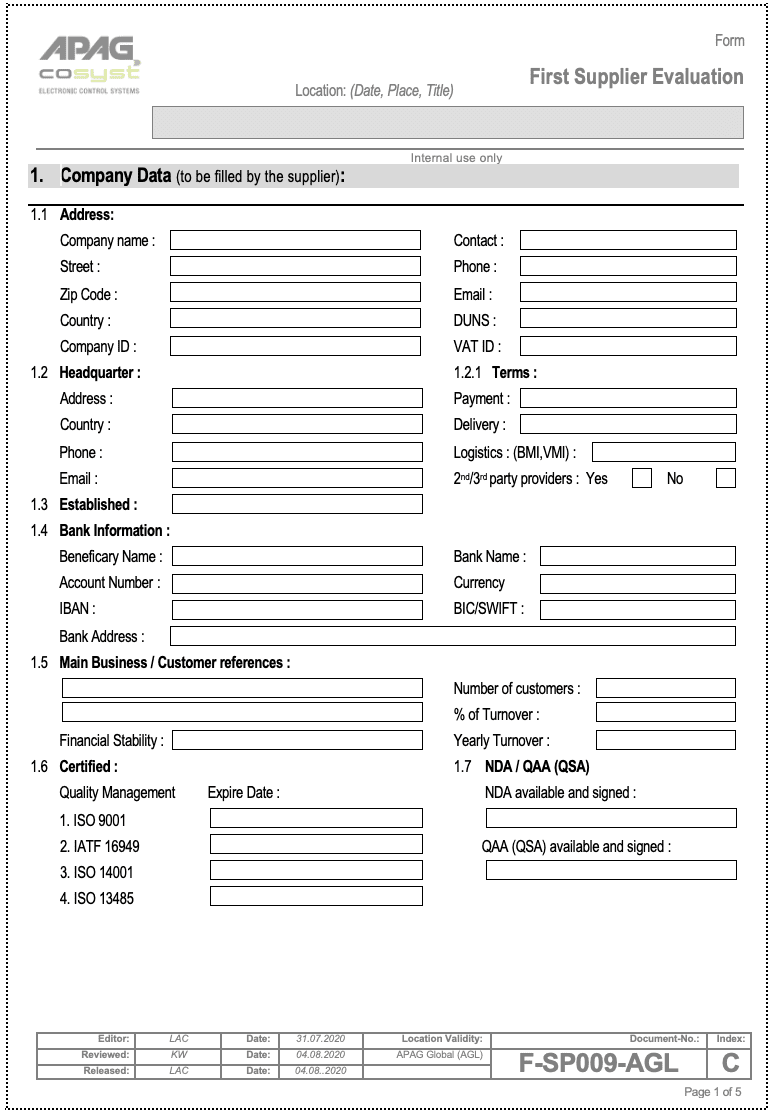 First Supplier Evaluation Form